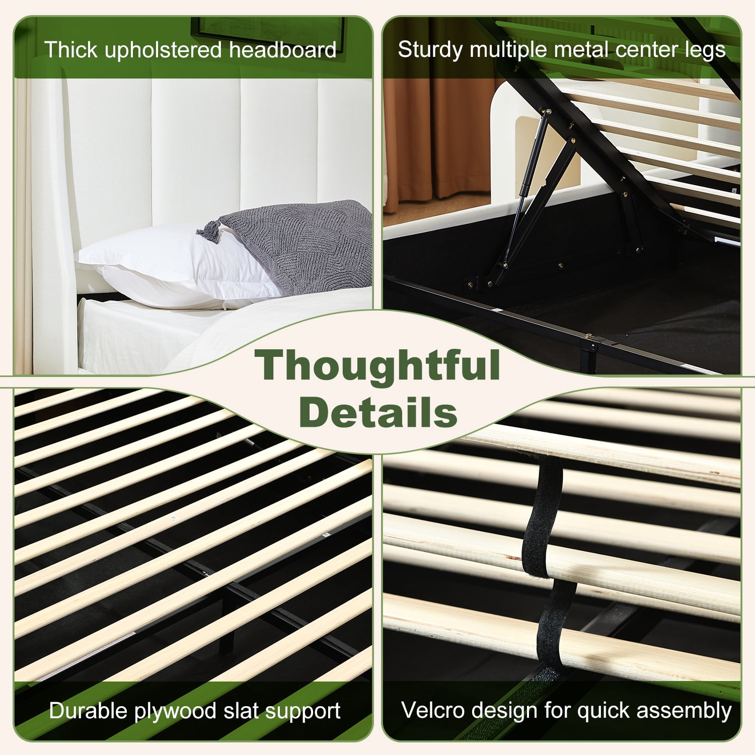 VELOCAVA Queen Upholstered Lift-up Storage Bed with Vertical Channel Wingback Headboard, White