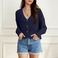 thumbnail image 2 of Cropped Sweater Cardigans for Women Teen Girls Button Up Knitted Blouse Drop Shoulder V Neck Long Sleeve Outerwear (One Size, Navy), 2 of 6