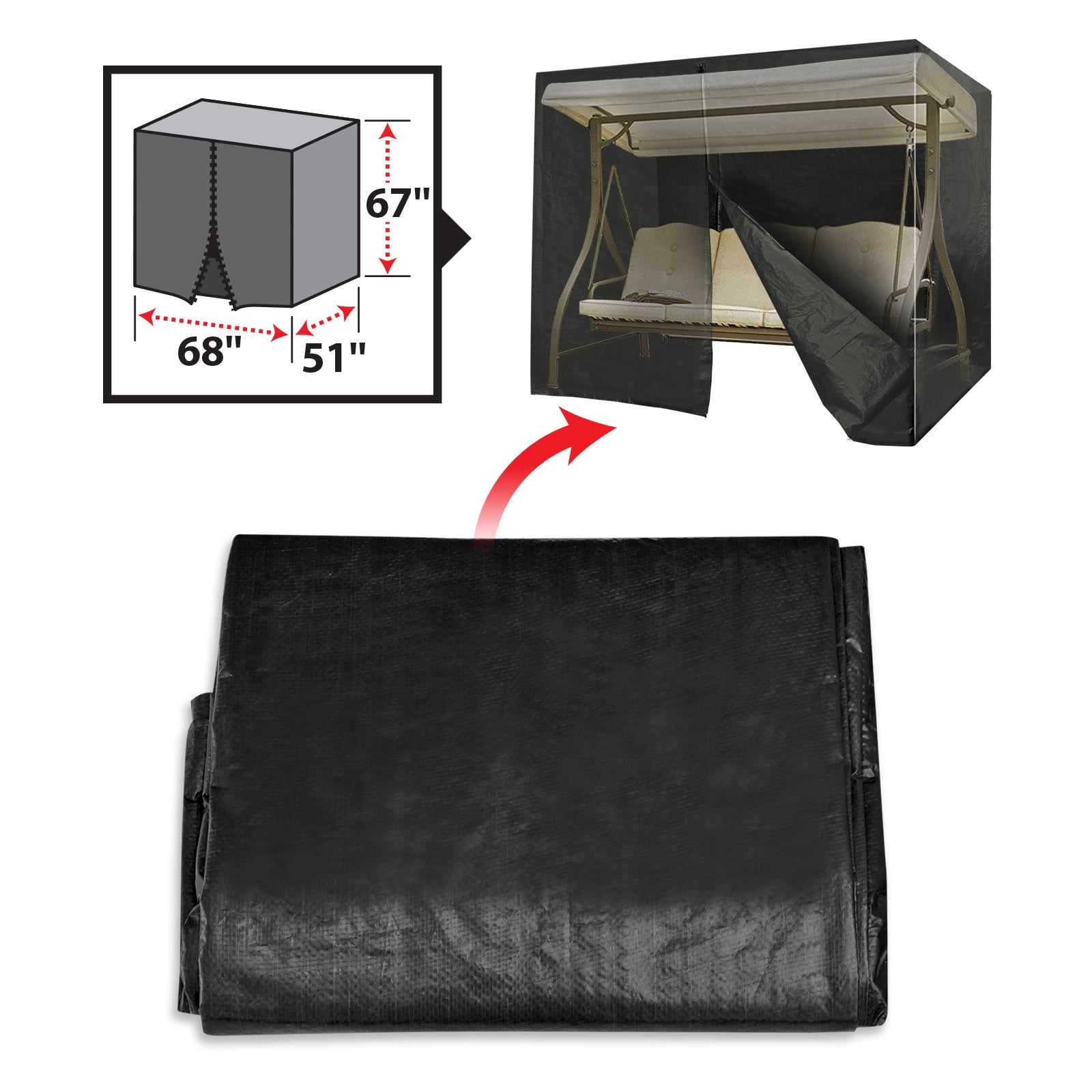 Sunny 3 Seater Patio Canopy Swing Cover - Outdoor Furniture Porch Waterproof Protector Zipper Closure (Black)