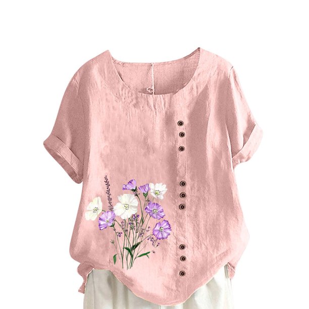 Vestidos Casuales Para Mujer, Blusas De Mujer De Moda Blusa informal de lino con cuello redondo, manga corta y botones para mujer