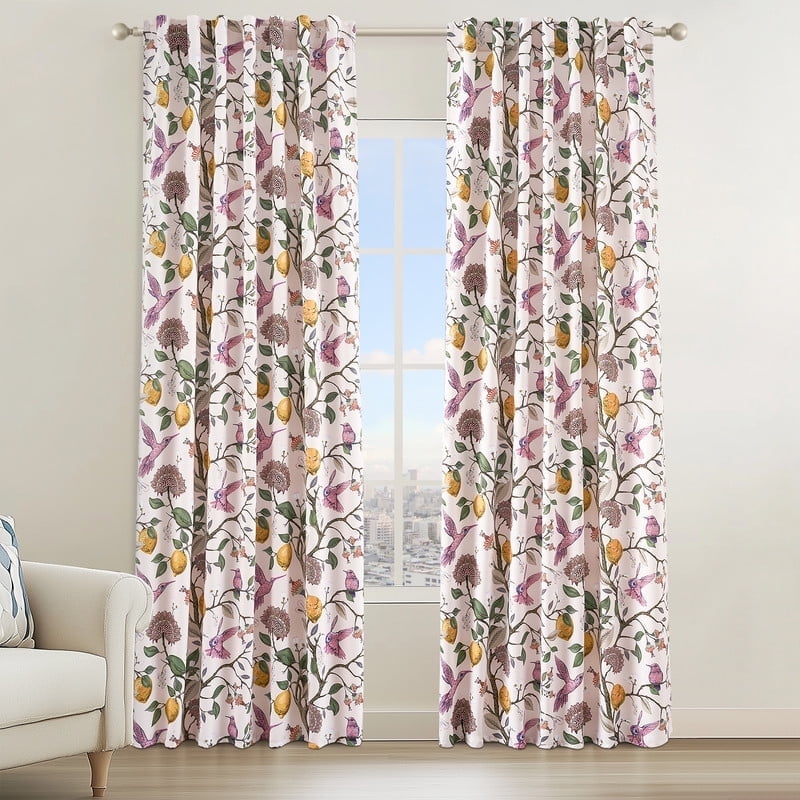 Topfinel Fancy Hummingbird Patterned Curtain,Pink Curtains for Living Room, Thermal Insulated Blackout Curtains for Bedroom, Floral Vintage Lemon Curtains 96 inch Length 2 Panels Set