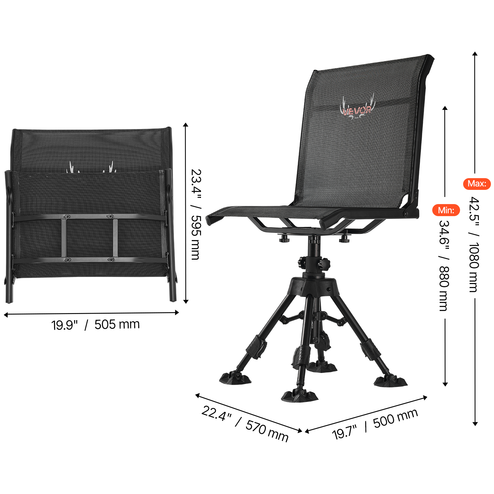 VEVOR Hunting Chair, 360° Silent Swivel, Foldable Portable Blind Chair, Heavy-Duty Steel Frame Ground Stool Seat with Anti-Sink Swivel Feet, Height Adjustable, 350 Lbs Capacity for Fishing Camping