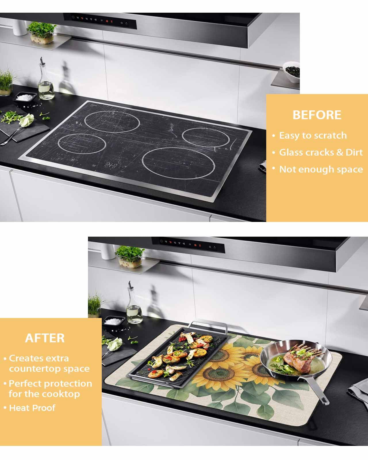 nqOlkjepod Large Induction Cooktop Protector Mat 24"x21", Summer Sunflowers Stove Top Covers for Electric Stove, Watercolor Floral Botanical Retro Stove Burner Cover Mats, Glass Top Stove Cover