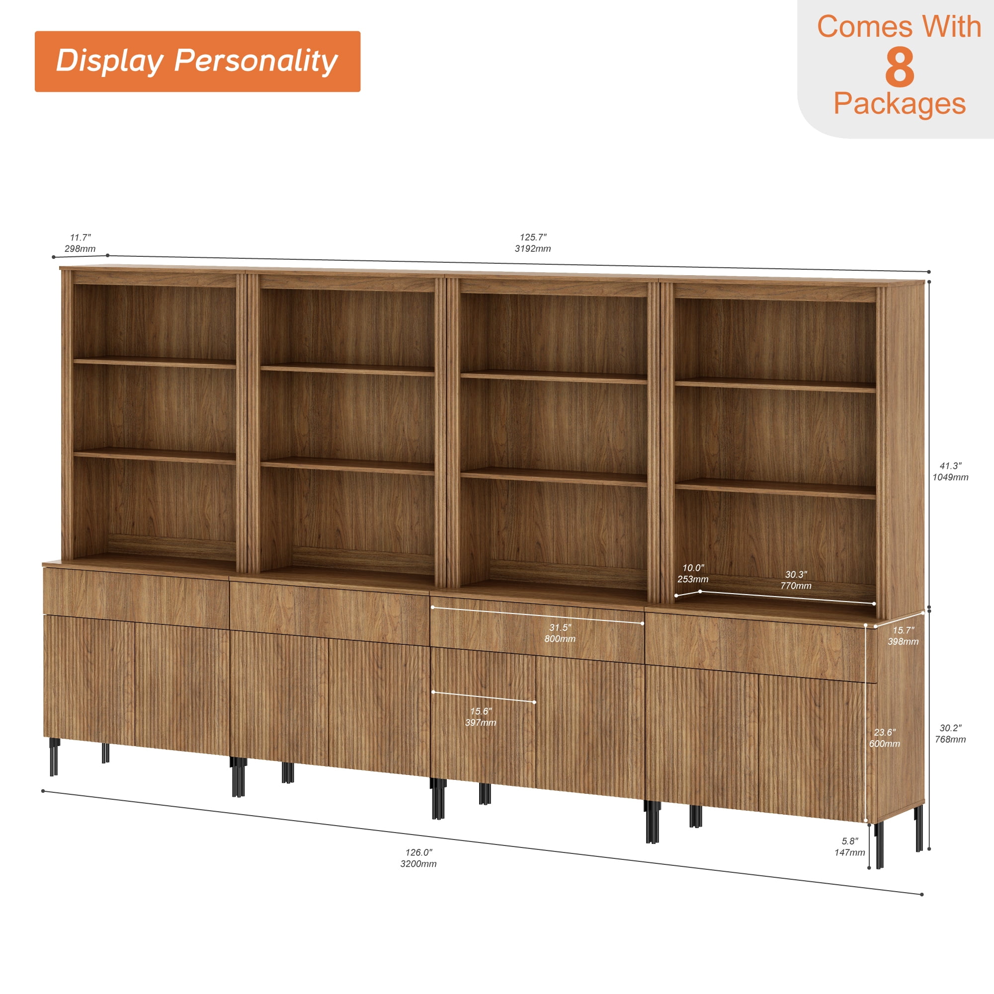 71.6"H X 126"W Set Of 4 Bookcase with Storage Cabinets, 20 Tier Bookshelf with Fluted Doors and Drawers, Large Modern Display Cabinet For Living Room Bedroom Home Office Kitchen