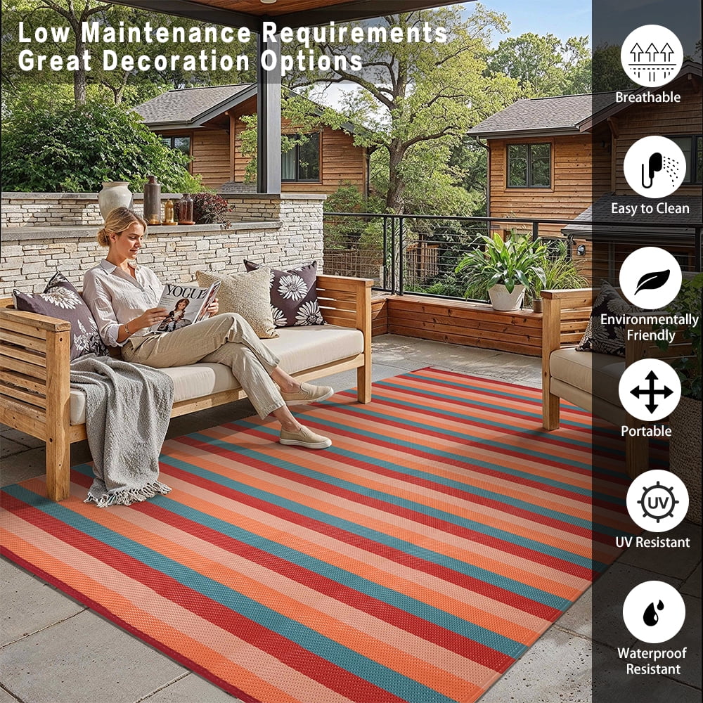 BERTHMEER Outdoor Rugs 5'x8' for Patio on Sale Clearance,Waterproof Reversible Rugs for RV,Deck,Camping,Beach,Picnic,Backyard,Garden and Balcony Plastic Straw Rug,Red&Orange Stripes