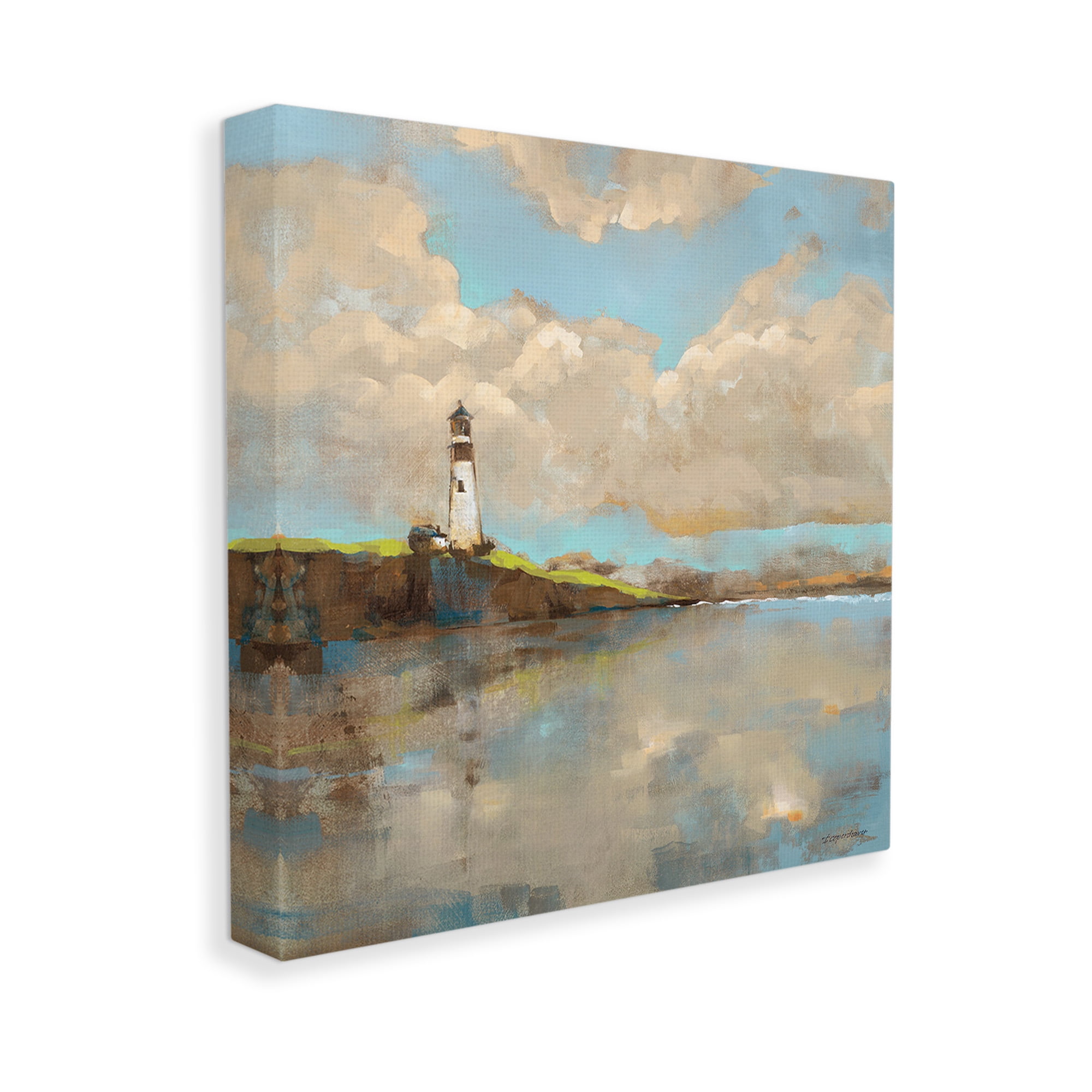 Stupell Industries Lighthouse & Clouds Reflection Landscape Painting Gallery Wrapped Canvas Art Print Wall Art, 17 x 17