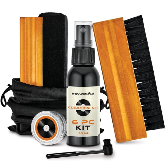 Stock Your Home 6 Piece Vinyl Record Cleaning Kit, Includes Vinyl Cleaner, Anti-Static & Velvet Vinyl Record Brush, Needle Cleaning Gel & Brush, and Drawstring Duster Bag