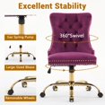 thumbnail image 5 of Pawverly Velvet Upholstered Office Chair, Tufted Button Swivel Desk Chair with Adjustable Height, Gold Metal Base & Wheels, Modern Vanity Chair, Purple, 5 of 8