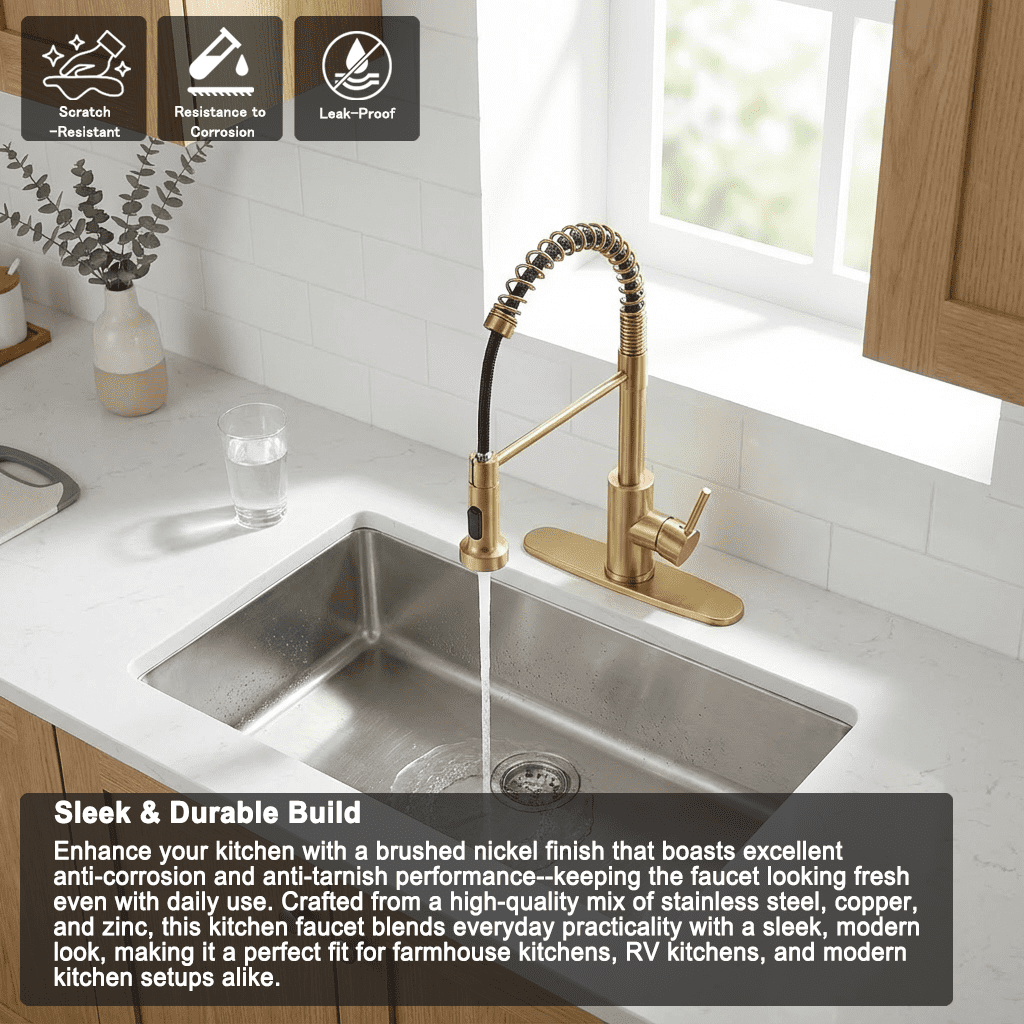 Kitchen Faucet with Pull Down Sprayer Industrial 1 Handle 1 Hole or 3 Hole Faucet for Farmhouse Camper Laundry Utility,Brushed Gold