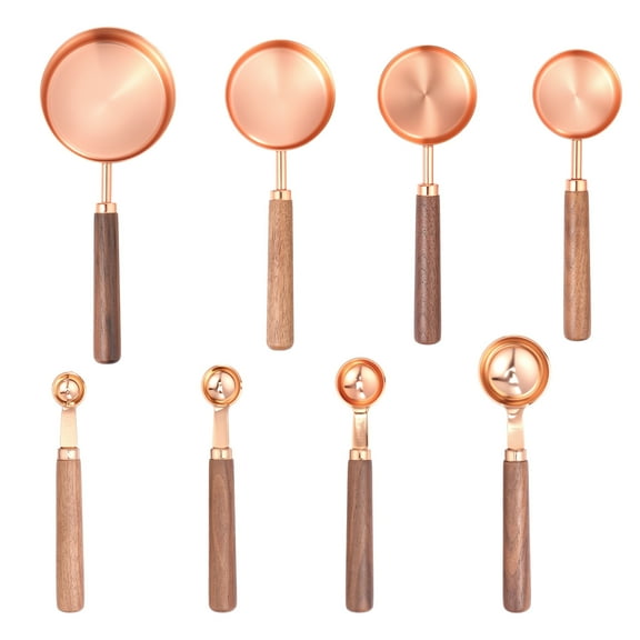 8Pcs Measuring Cup and Spoon Set Stainless Steel Kitchen Measuring Cup Spoon with Wooden Handle for Home Cooking Baking