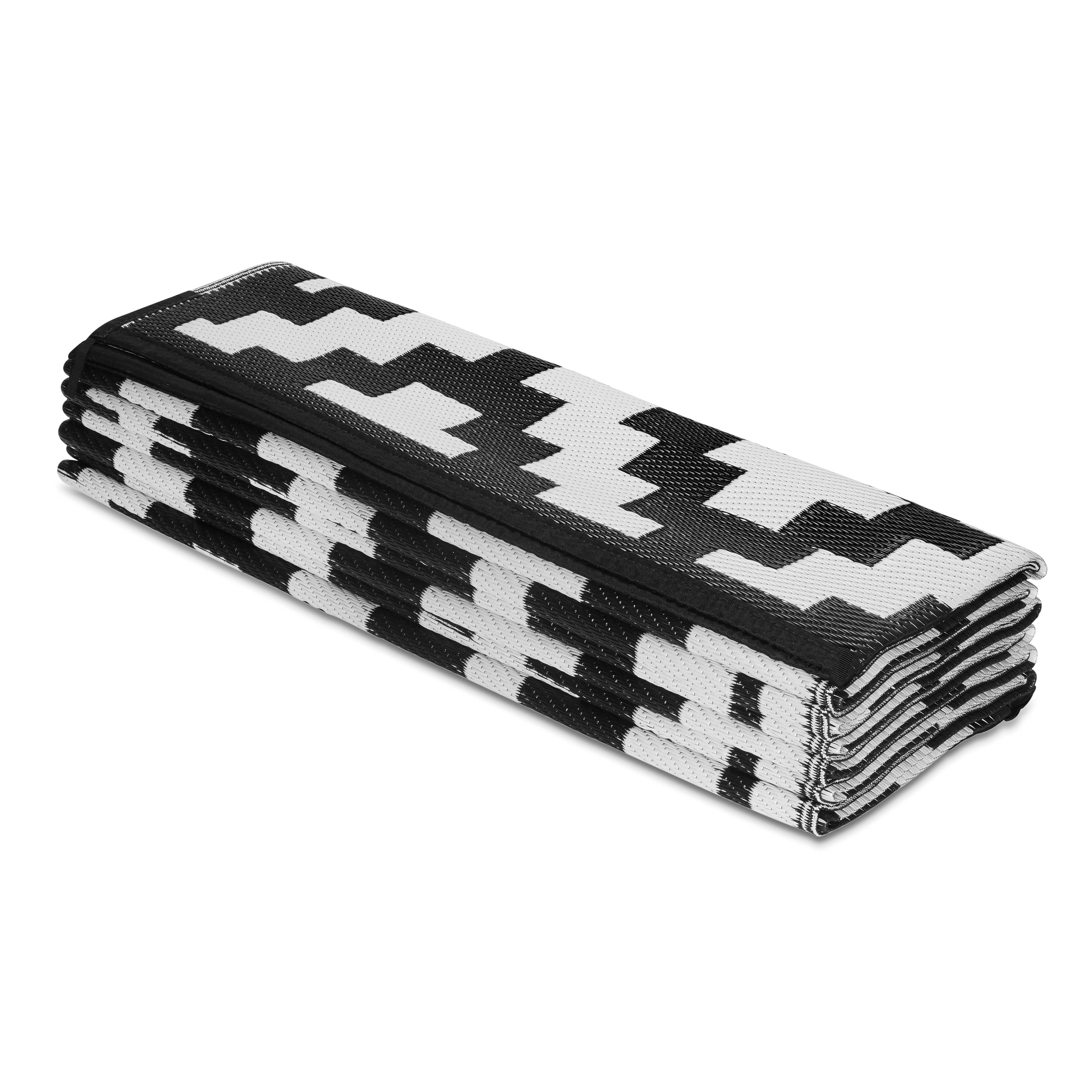 FH Home Outdoor Rug - Waterproof, Fade Resistant, Reversible - Premium Recycled Plastic - Geometric - Large Patio, Deck, Sunroom, RV, Camping - Aztec - Black & White - 4 x 6 ft Foldable