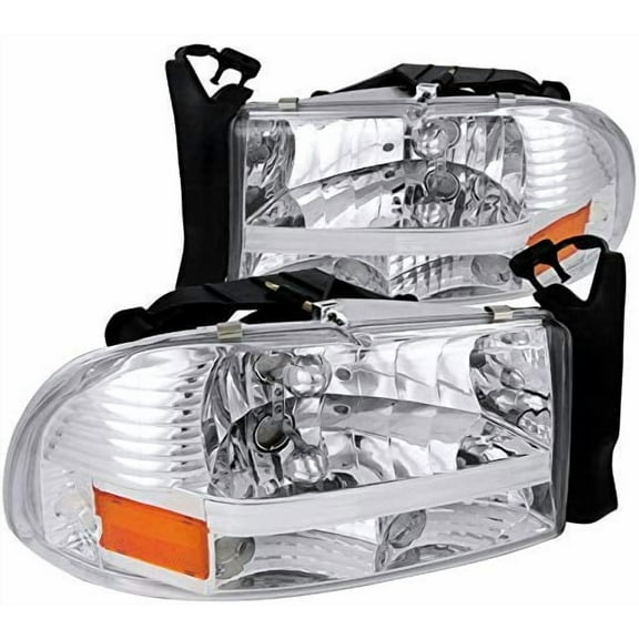 OE Replacement Headlights Head Lamps Chrome Housing Clear Lens Made For And Compatible With 1997 - 2004 Dodge Dakota 98-03 Durango 97 98 99 00 01 02 03 04