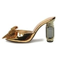 thumbnail image 2 of FSJ Women Crystal Chunky High Heel Slip on Mules Peep Toe Rhinestone Bow Slide Sandals Charming Prom Date Heeled Slides Size 9.5 Gold, 2 of 4
