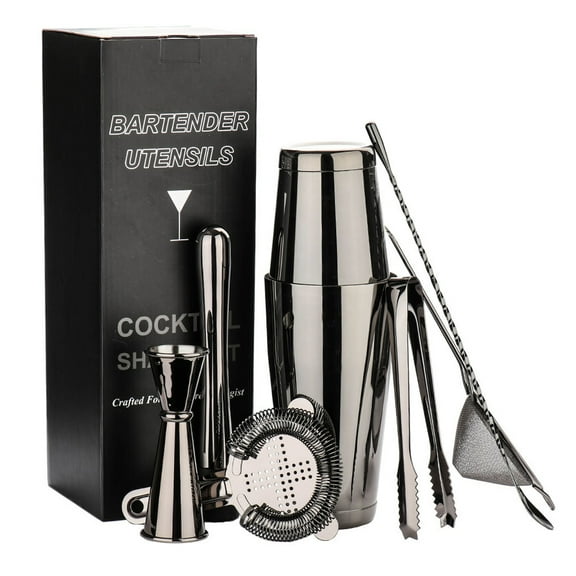 8pcs Cocktail Mixer Set Stainless Steel Shaker Drink Hawthorn Strainer Ice , Black