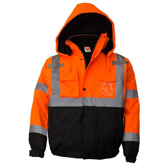 New York Hi-Viz Workwear WJ9011-S Men's ANSI Class 3 High Visibility Bomber Safety Jacket, Waterproof (Small, Orange)