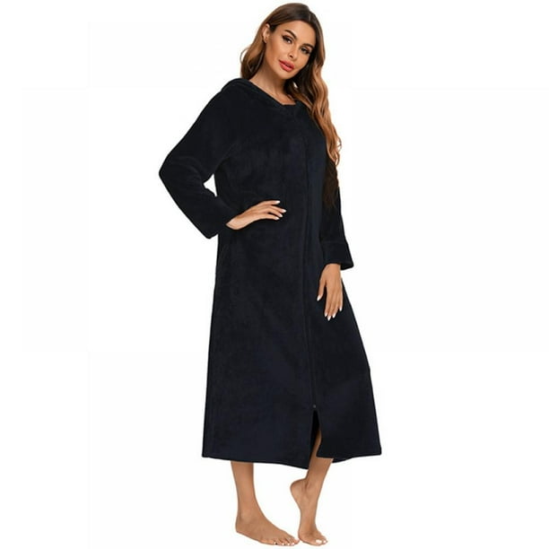 Long Hooded Zipper Bathrobe for Womens Flannel Fleece Robes Winter Warm Housecoat Nightgown