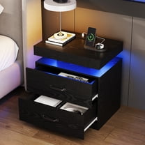 Black Nightstand with Charging Station, Modern Night Stand with LED Lights, End Table Bedside Table with 2 Drawers for Bedroom, Living Room