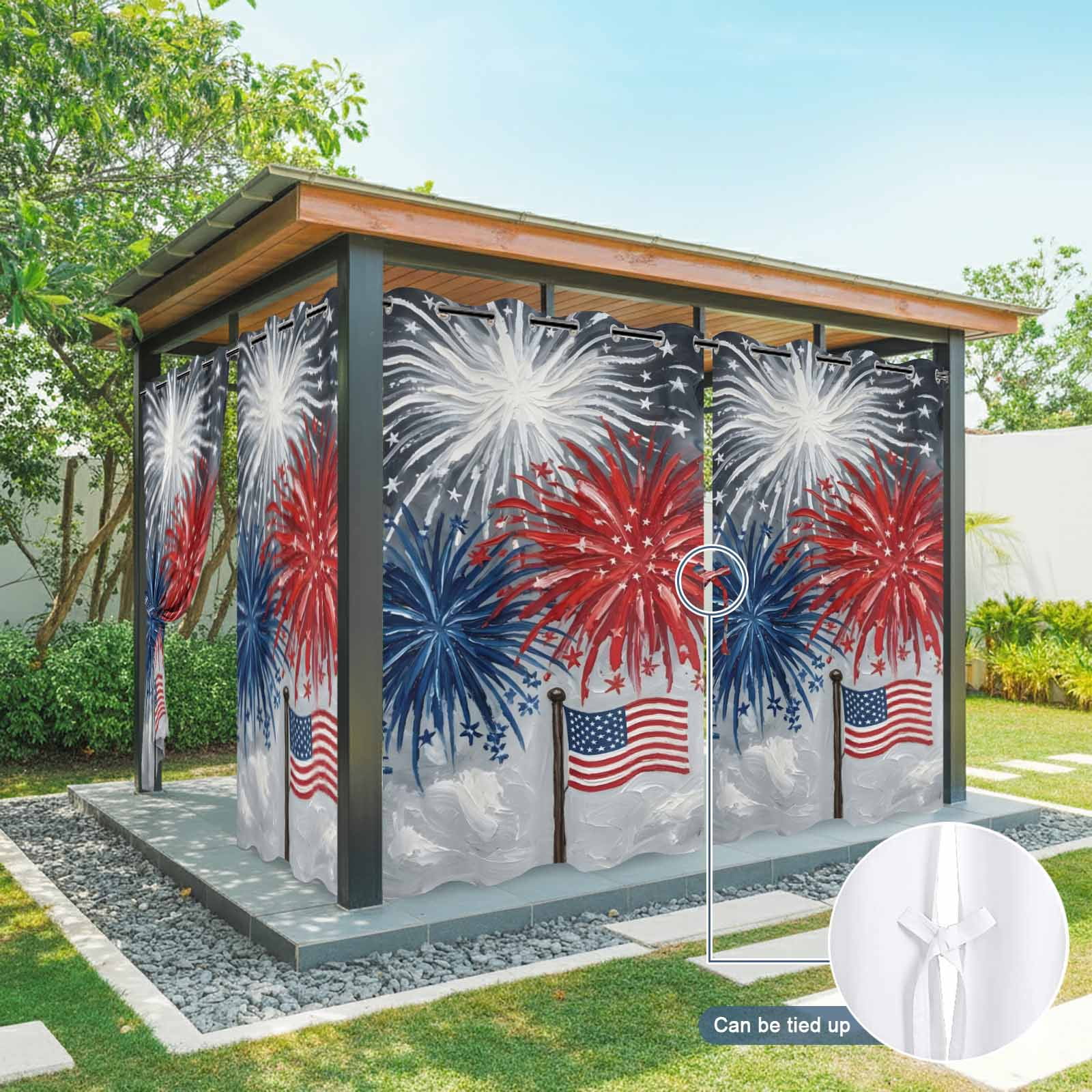 Independence Day Outdoor Curtains for Patio, Oil Painting Blue White Red Firework Flag Sunshade Privacy Drapes Grommet Waterproof Outside Curtains for Porch/Cabana/Balcony 54"x 108", 1 Panel