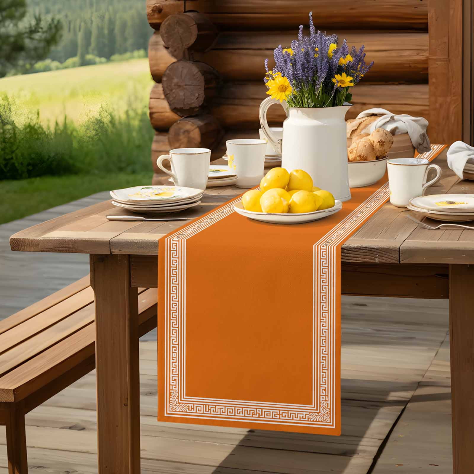 Greece Geometric Key Design Table Runner 90 Inches Long, Abstract Stripe Art on Orange Table Runners Tabletop Scarf Kitchen Dining Tables Decoration for Home Party Indoor Outdoor