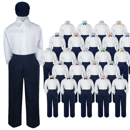 Baby Kid Boys Wedding Formal 4pc Set Shirt Navy Pants Bow Tie Hat Suit size (Best Suit Color For Wedding)