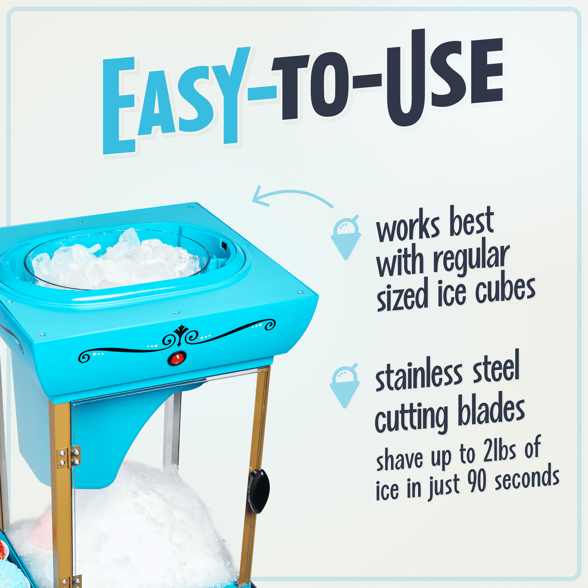 Nostalgia 48-Inch Retro Snow Cone Maker Cart and Shaved Ice Machine with Built-In Storage, White Blue