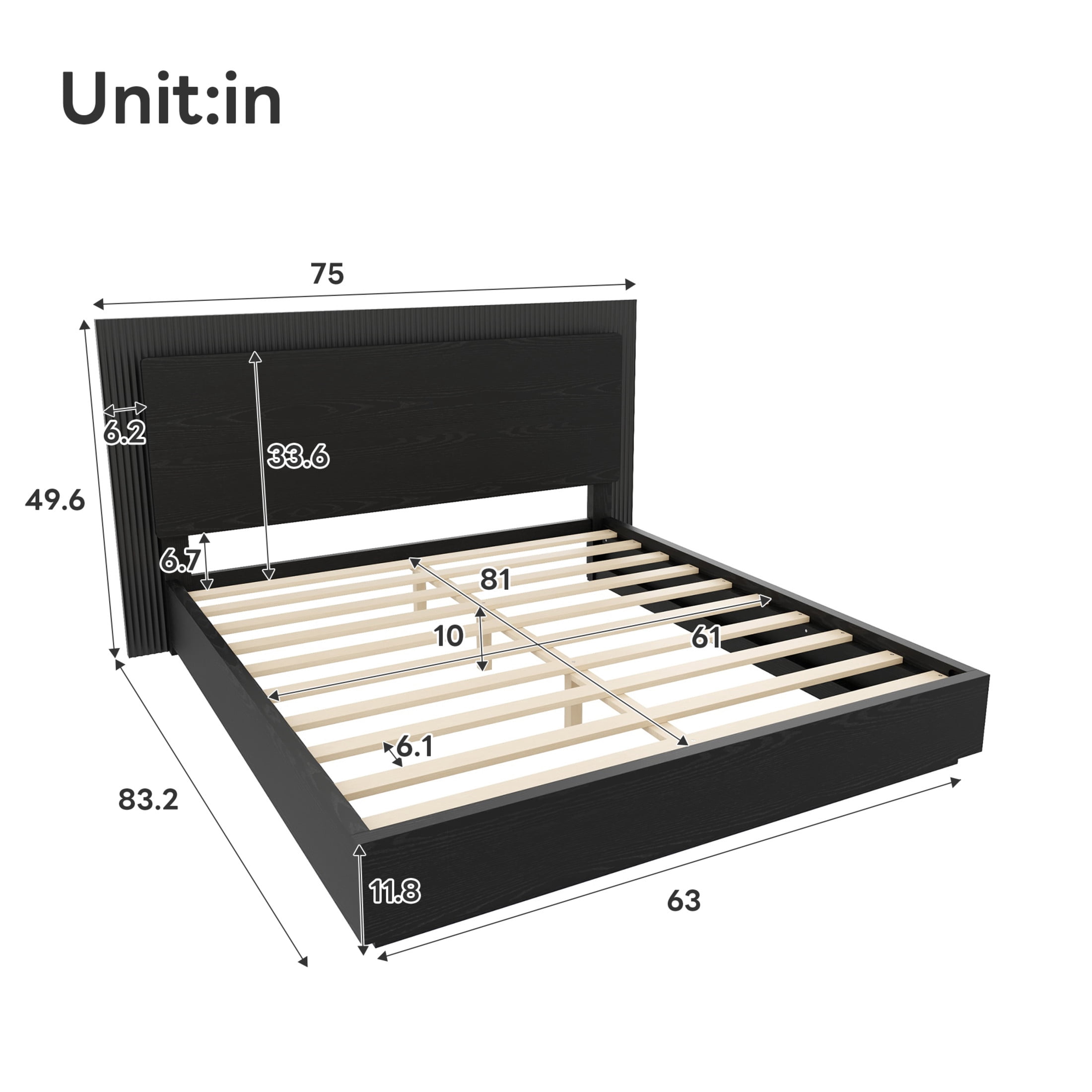 Noble House Queen Wood Platform Bed Frame with LED Headboard, Modern Mattress Foundation with Center Support, Black