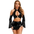 thumbnail image 1 of Yeahdor Womens Glossy Pu Crop Top Halter Off Shoulder Flared Sleeve For Clubbing Raves Black XXL, 1 of 6