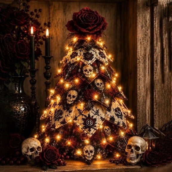 DIY Halloween Quilted Fabric Tree Kit, Skull Rose Light Up Padded Fabric Tree Craft Set, Halloween Tabletop Decor for Shelf, Mantel and Entryway