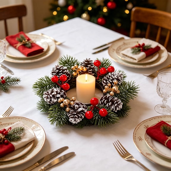 Candle Ring Wreath, Artificial Winter Counter Centerpiece Ornament For Column Candles, Festive Home Ornament