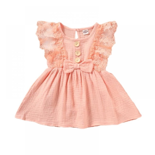 POINTERTECK Robe d'Été Sans Manches en Coton et Lin pour Bébé Fille Robe Décontractée à Bords en Dentelle Robe Nœud