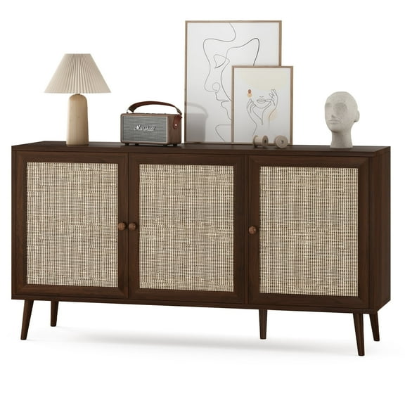 Farini Sideboard Buffet Cabinet with 3 Rattan Doors, Kitchen Storage Cabinet, Modern Console Cabinet ,Bar Cabinet for Entryway Living Room(Walnut)