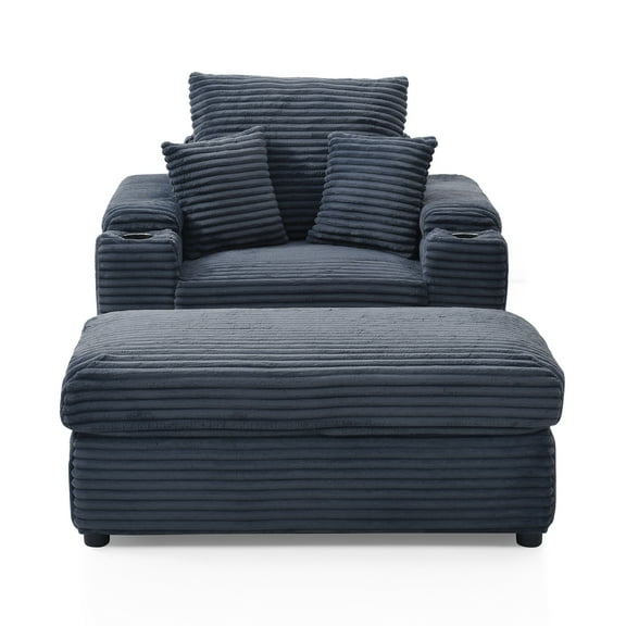 Modern Corduroy Upholstered Sofa Chair Armchair with Storage Ottoman and Cup Holders for Living Room Bedroom Apartment