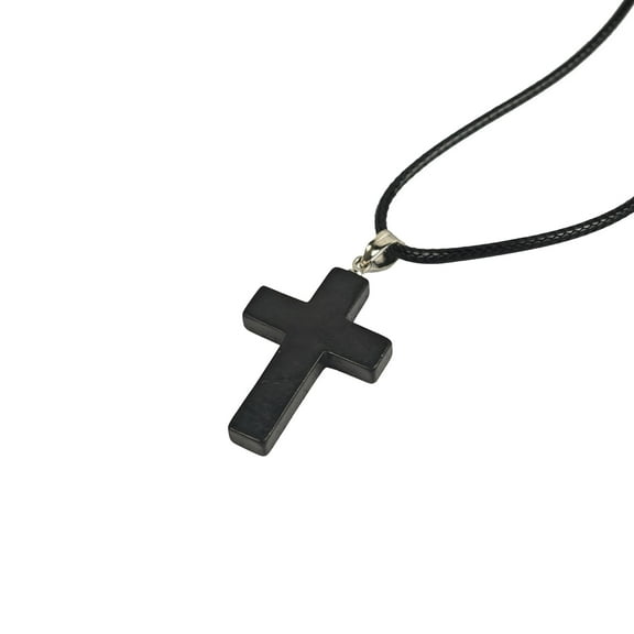 LiangJiang Shungite Crystal Cross Necklace - Black Healing Pendant with Leather Cord