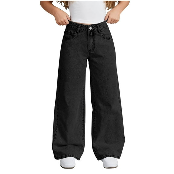 AHTJRT Wide Leg Jeans for Girls High Waisted Loose Baggy Trousers with Pockets Fashion Bowknot Patterns Pritned Denim Pants Black 12-13 Years