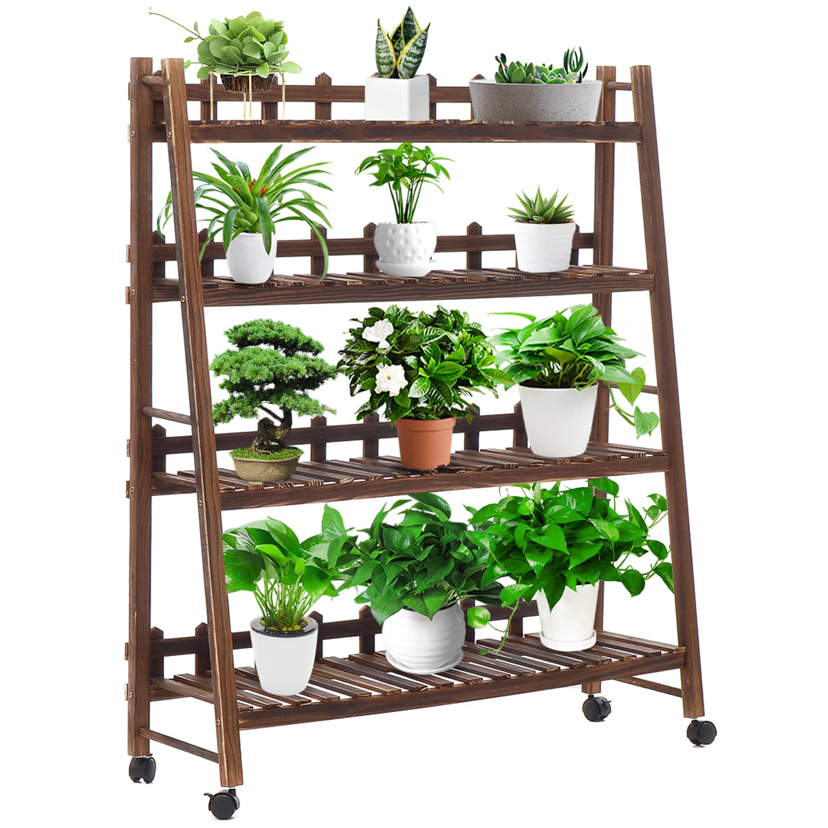 Rotate 4 Tier Plant Rack Wood Flower Pot Stand In//Outdoor Bonsai Display Shelf