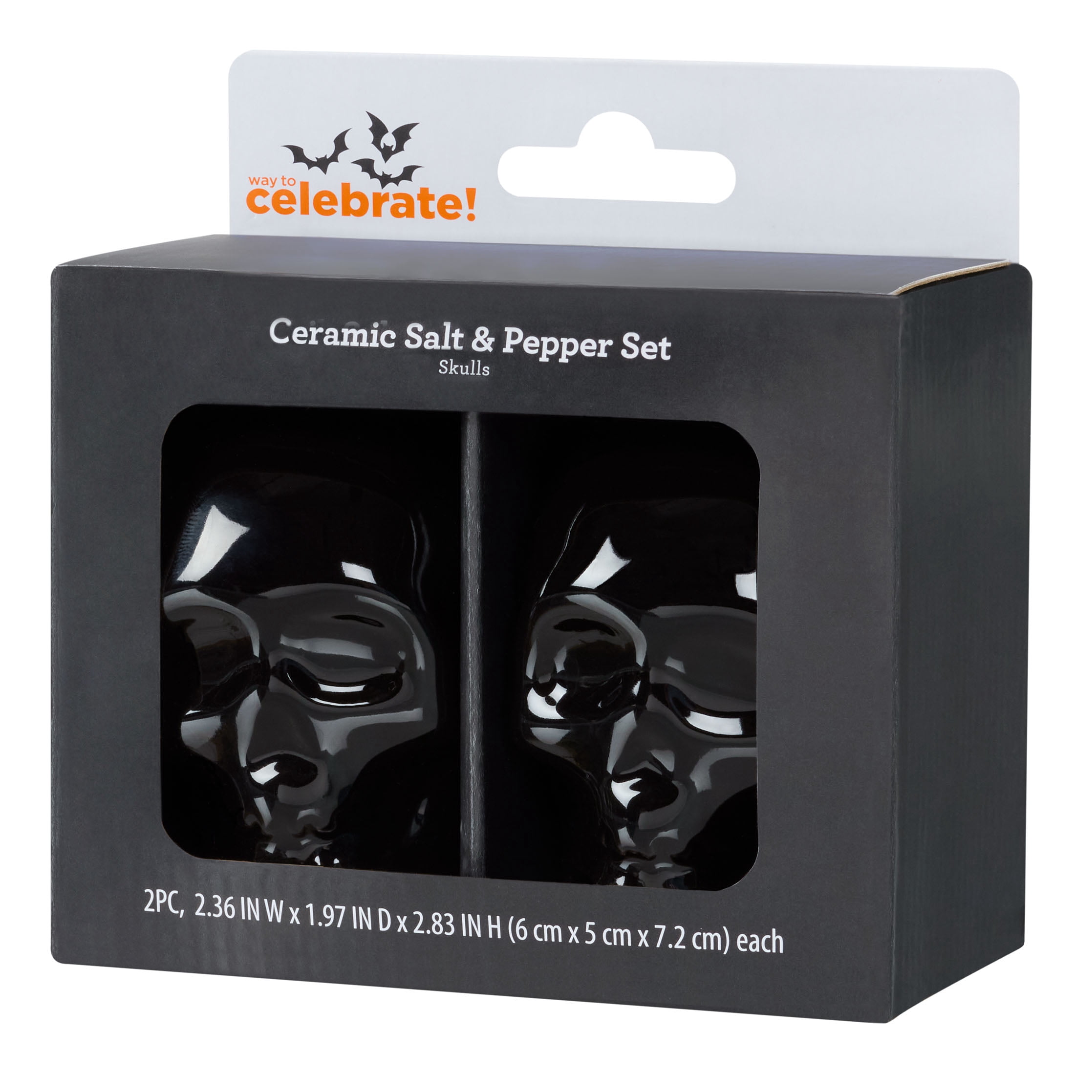 Way to Celebrate Black Skull-Shaped Glazed Ceramic Salt & Pepper Shaker Set