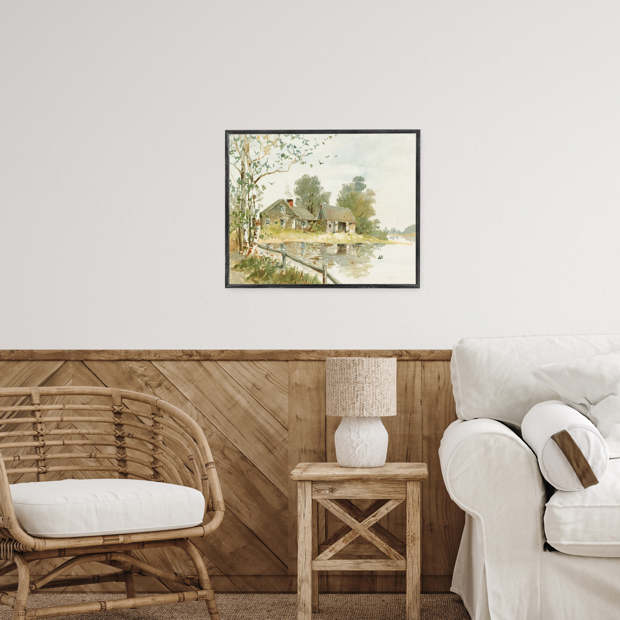 Cabin Along River's Edge White Framed Giclee Art, design by Lettered and Lined