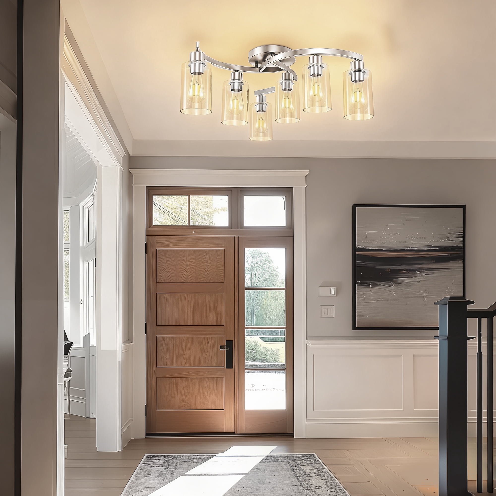 YANSUN Modern 6-Light Industrial Ceiling Light, Bent Tube Design with Clear Glass Shades, 20.5 in Flush Mount for Dining Room Living Room