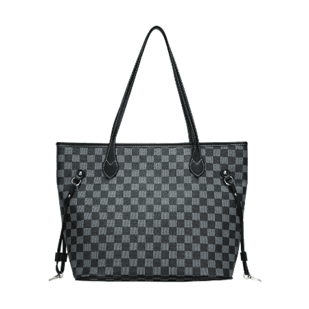 Asge Womens Checkered Tote Shoulder Bag with Lnner Pouch PU Vegan Leather Shoulder Satchel Fashion Mass Leisure Bags (Black)