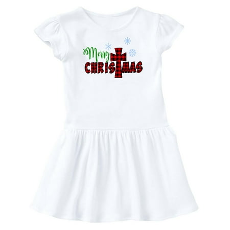 

Inktastic Merry Christmas Buffalo Plaid Cross with Snowflakes Gift Toddler Girl Dress