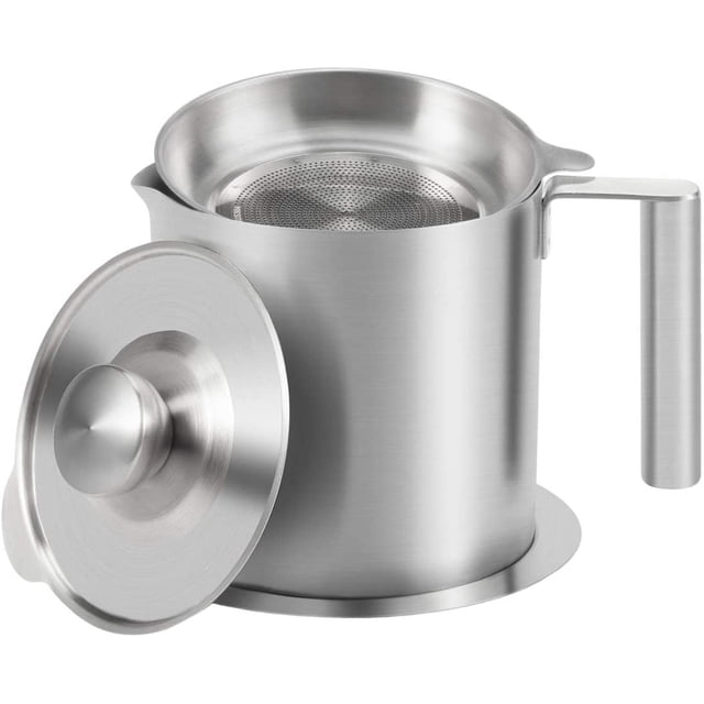 Colador y recipiente de grasa de acero inoxidable 304 Olla grande de almacenamiento de aceite de 1,8 l/1,9 cuartos de galón con tapa a prueba de polvo y mango de fácil agarre para tocino, cocina o