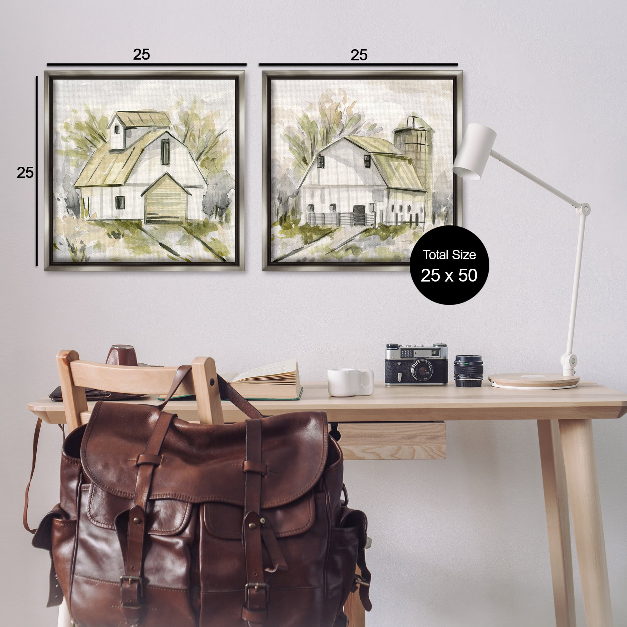 Stupell Industries Sketch Drawing Barn Silo Landscape & Nature Painting Gray Floater Framed Canvas Art Print Wall Art, 25 x 25, Set of 2