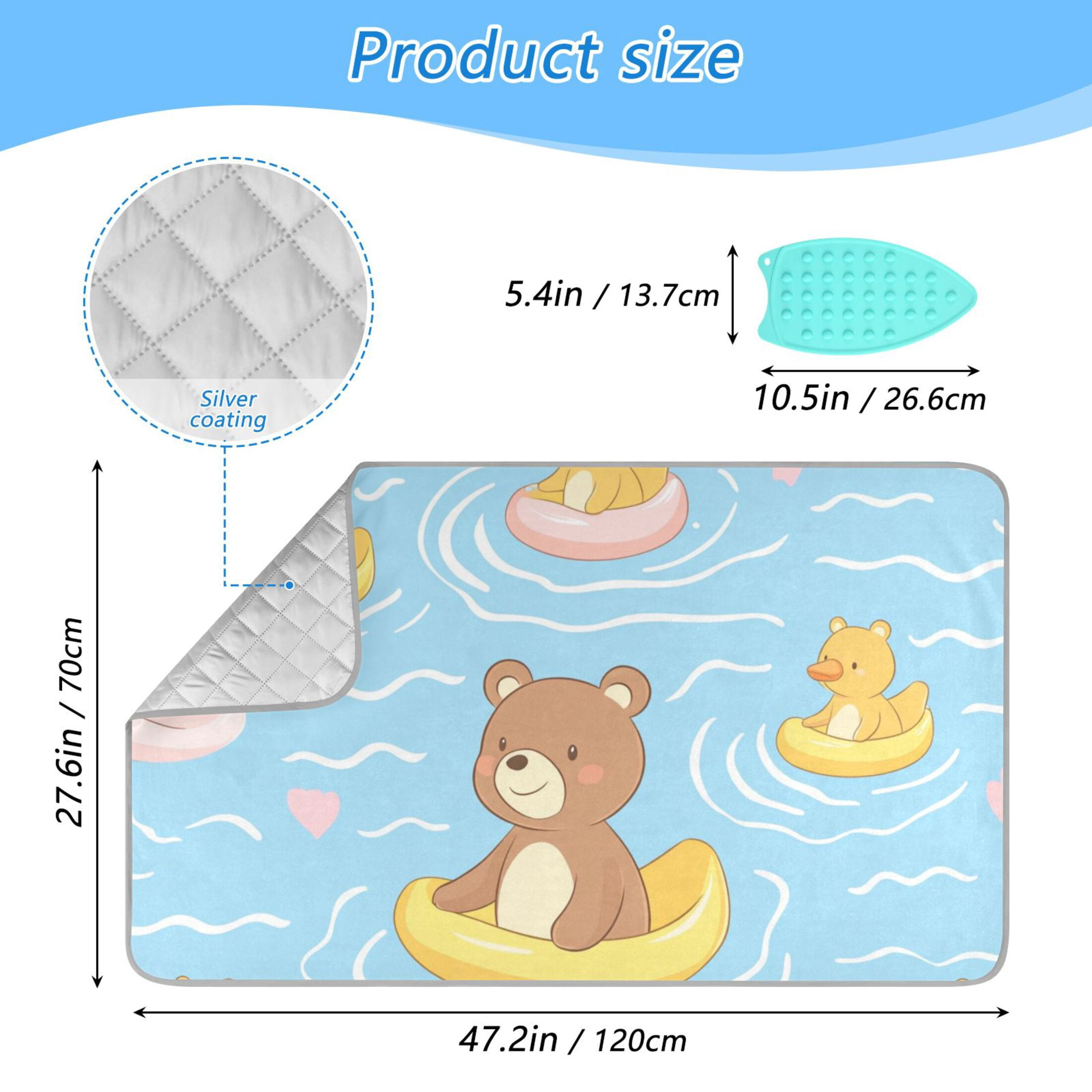 Cute Bear Floating on Rubber Duckies Ironing Mat Blanket Portable Travel Ironing Pad Heat Resistant Pad 47.2" x 27.6”