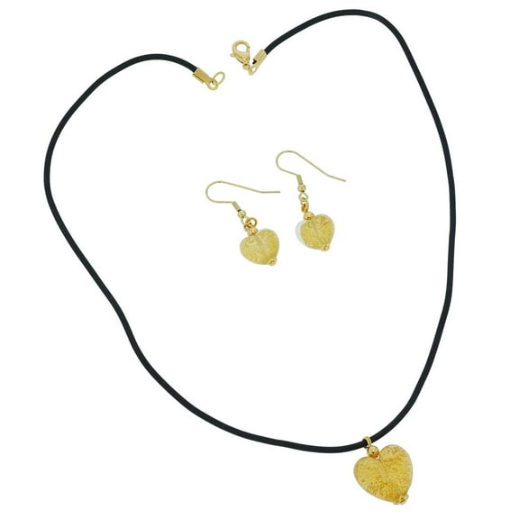 GlassOfVenice Murano Glass Puffed Heart Necklace and Earrings Set - Sparkling Gold