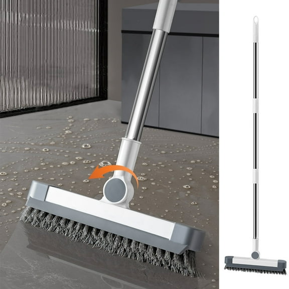 2-in-1 Floor Scrub Brush with Handle | Stiff Bristle Grout Cleaner, Squeegee, 180° Rotating Head | Plastic White 120cm | Fast Stain Removal Tile & Wall Cleaning, Easy Install, Ergonomic Storage