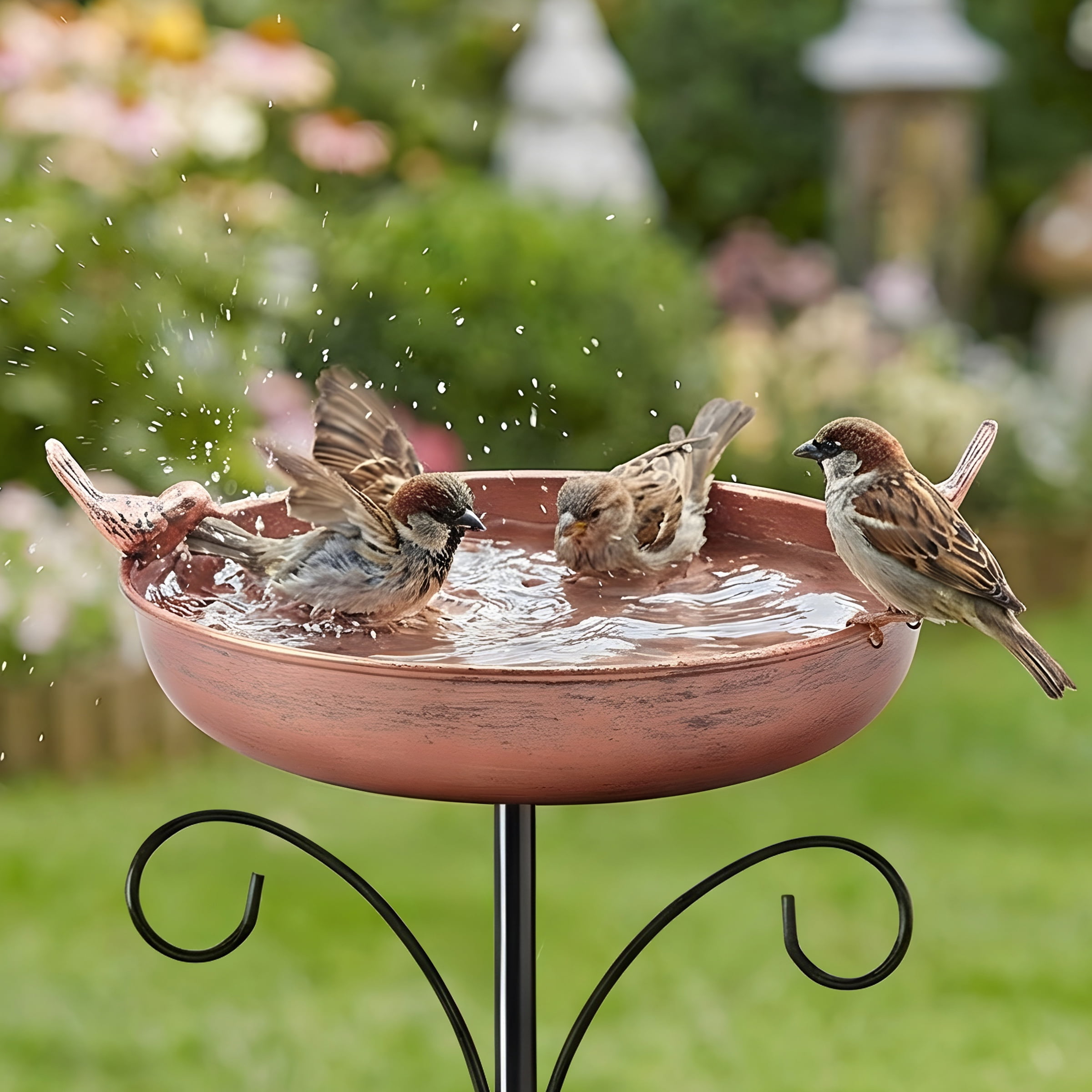 DualFerv Oval Polyresin Bird Bath Bowl with Metal Stake,31 inch Height Outdoor Freestanding Birdfeeder, 5-Pronged Base, Bronze