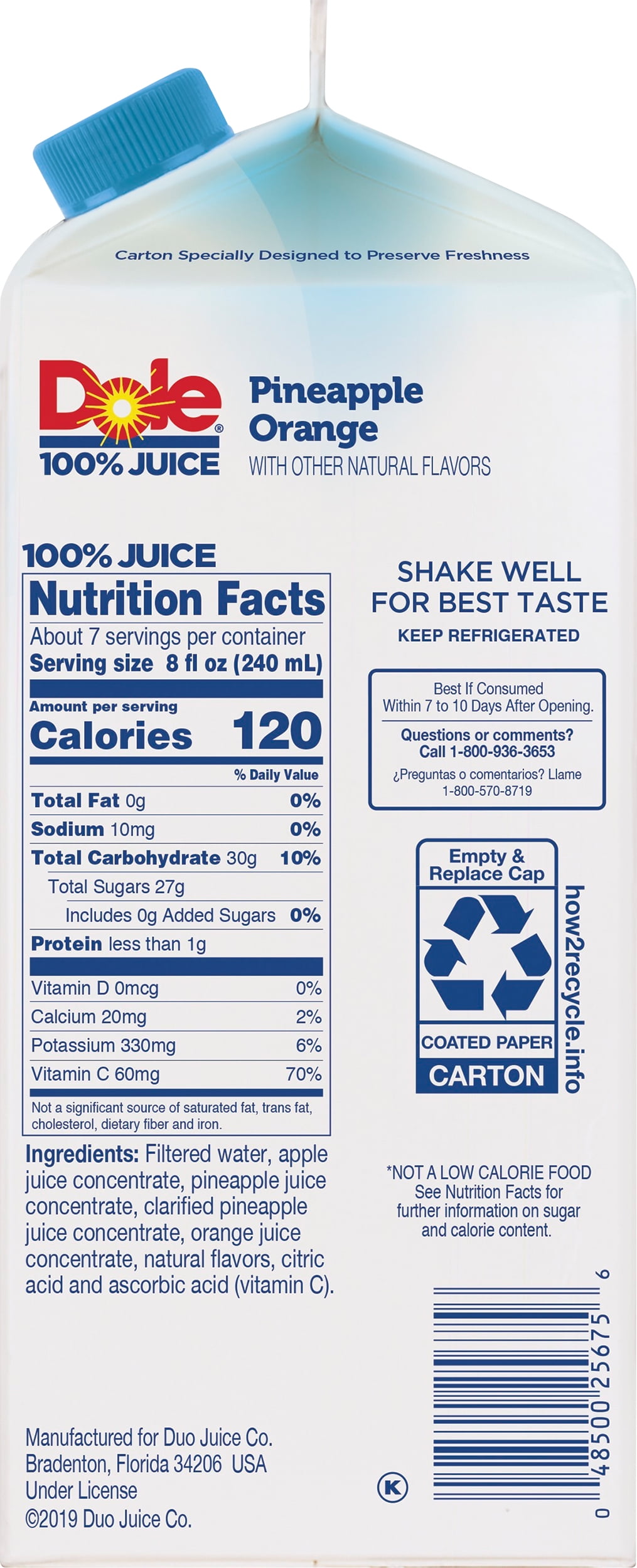 Dole Pineapple Orange 100% Juice, 59 fl oz Bottle, Refrigerated
