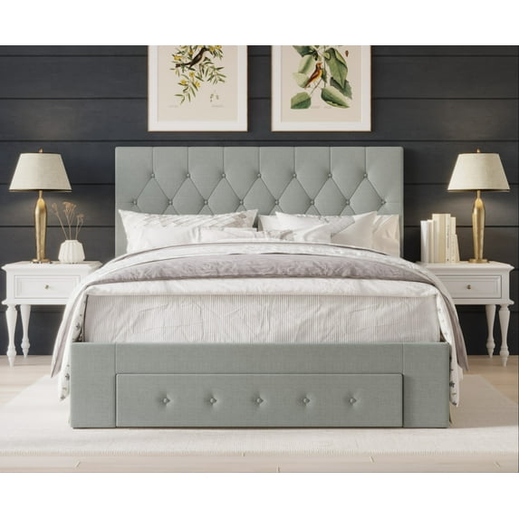 HMD Deborah Twin Tufted Upholstered Storage Panel Bed, Gray