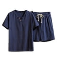 thumbnail image 4 of Cagogo Men's 2 Piece Outfits V Neck Short Sleeve T Shirt Elastic Waist Shorts Summer Casual Lounge Matching Sets Solid Basic Tracksuit Travel, Navy 2XL, 4 of 5