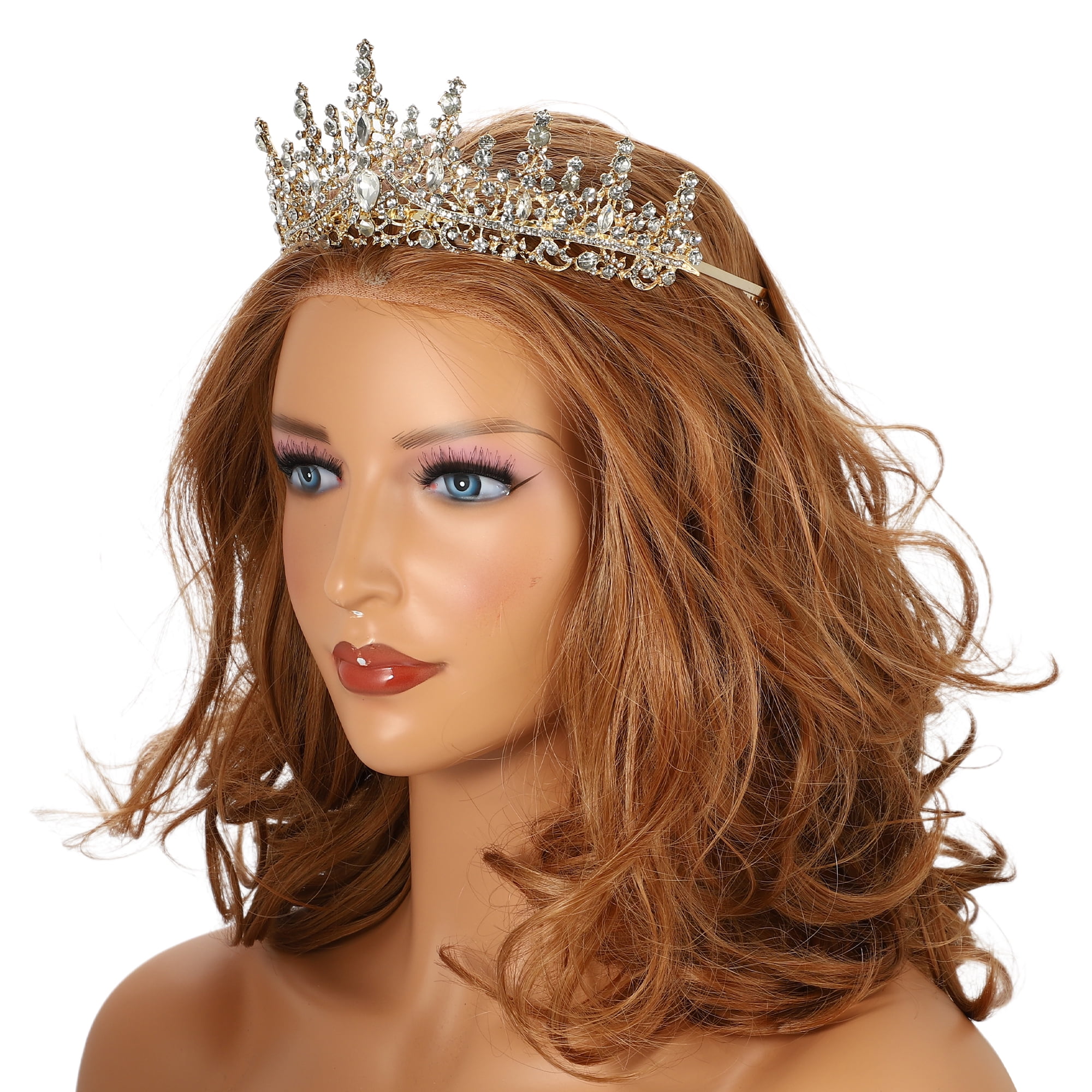 Unique Bargains Women's Gold Tone Crystal Tiara Crown Combs